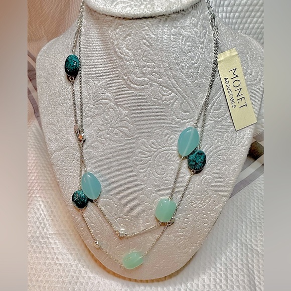 MONET Double Stranded Beaded Necklace with Silver Toned Chain - Picture 2 of 12